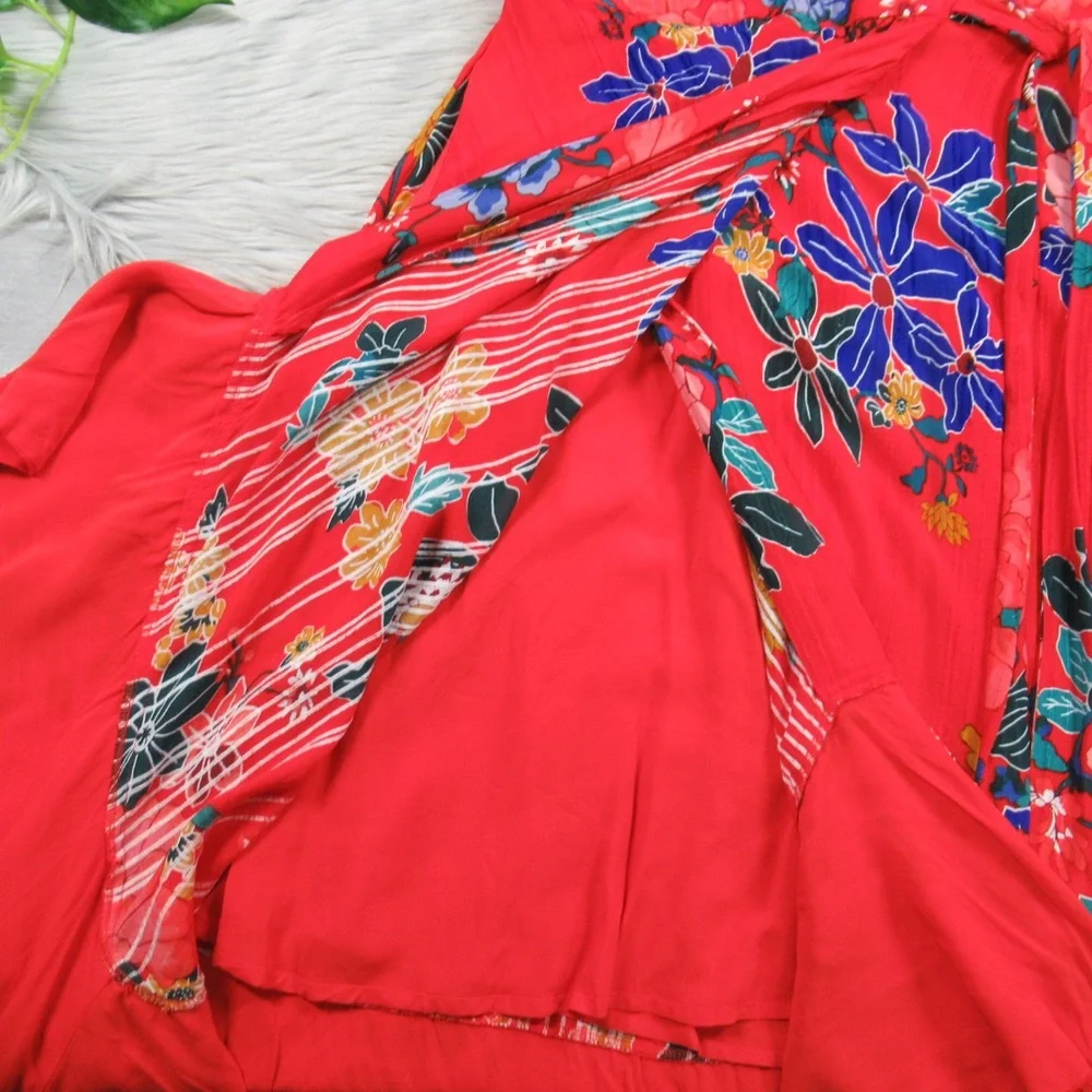 ANTHROPOLOGIE Boswell Red Floral Textured Wrap Tunic Dress Women's Size 12